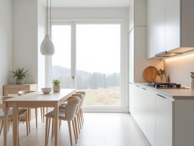 Kök som utstrålar nordisk enkelhet med ljusa färger och naturliga inslag.