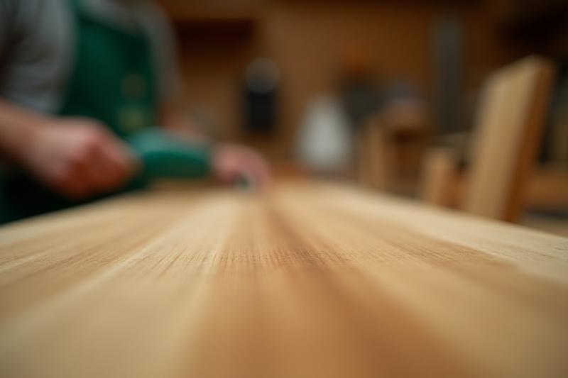 Närbild på träfibrer med en hantverkare i bakgrunden