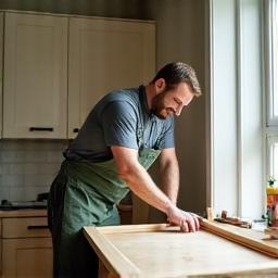 Hantverkare som installerar köksskåp med precision