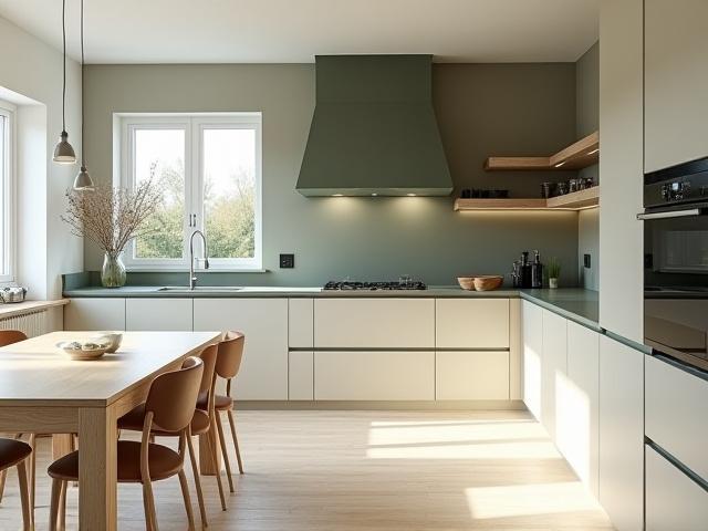 Modern minimalistisk köksinteriör med rena linjer och inbyggda vitvaror